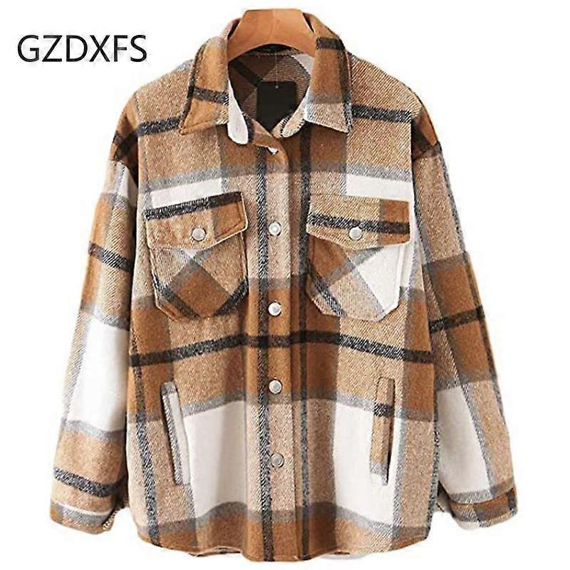 New button-down front wool plaid shirt with long sleeves