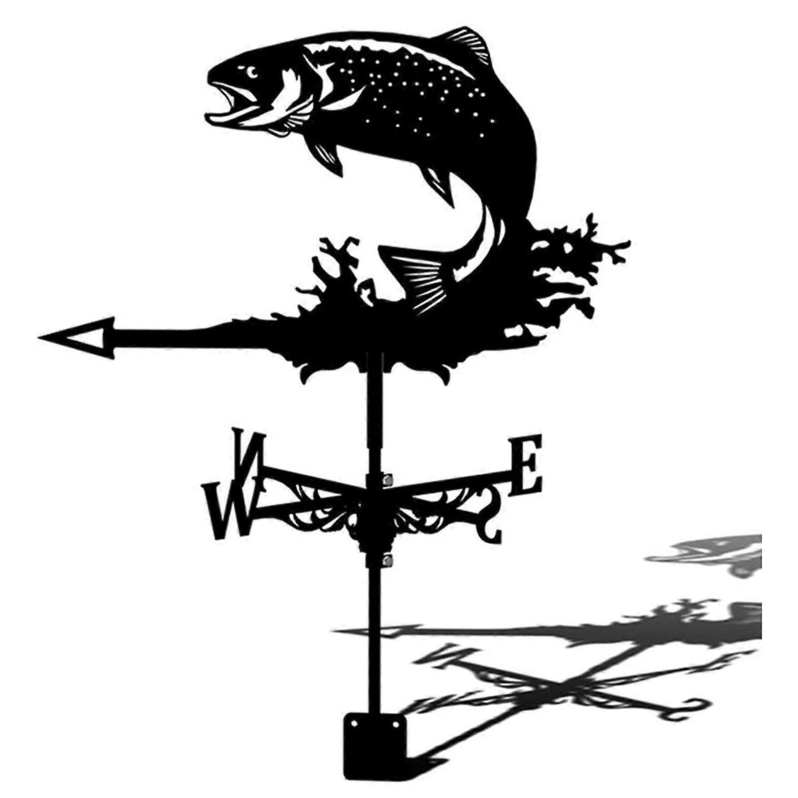 Decorative weather vane for courtyard, black, garden mount, fish, wind direction indicator