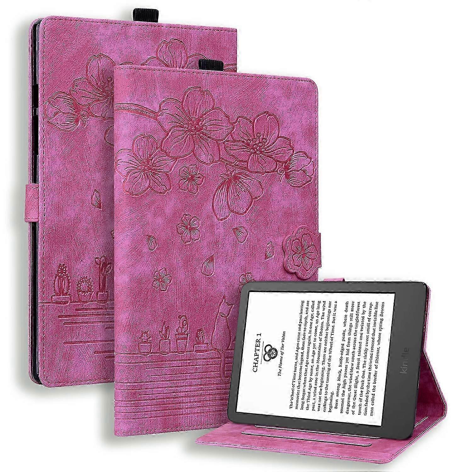 Case Flip Stand Leather Tablet Cover for a Certain Brand E-Reader with Cherry Blossom Cat Design