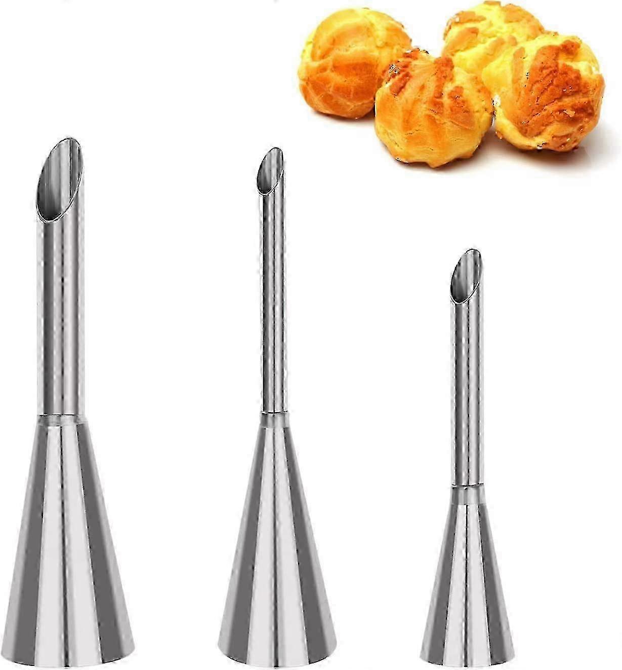 3pcs/set Cream Icing Piping Nozzle Tips, Professional Stainless Steel Long Cream Puff Nozzle Decor Small Pastry Icing Tools