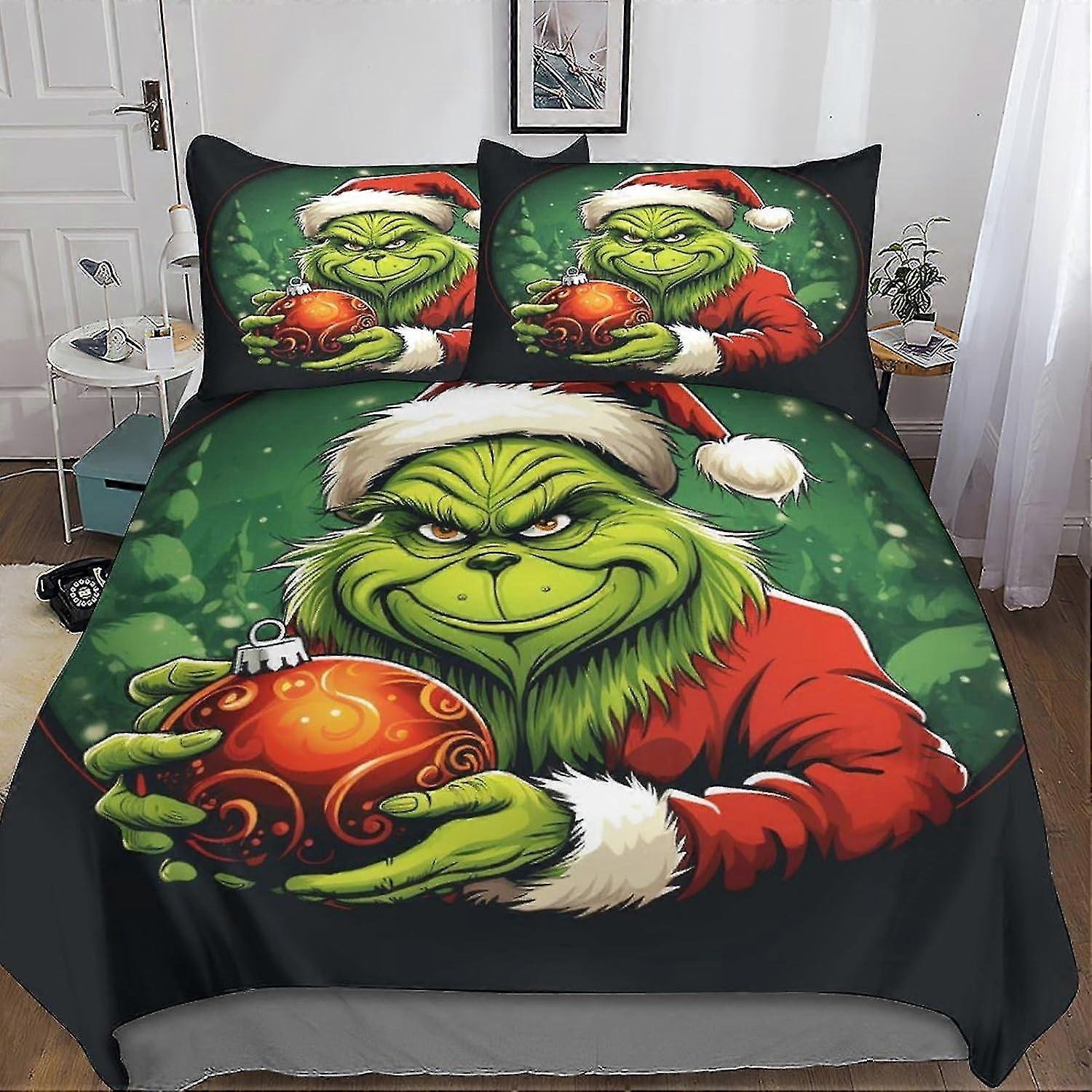 Green Haired Monster 3D Digital Print Bedding Set with Pillowcase and Duvet Cover Soft Microfiber 3 Piece Set Christmas Quilt Cover with Zip