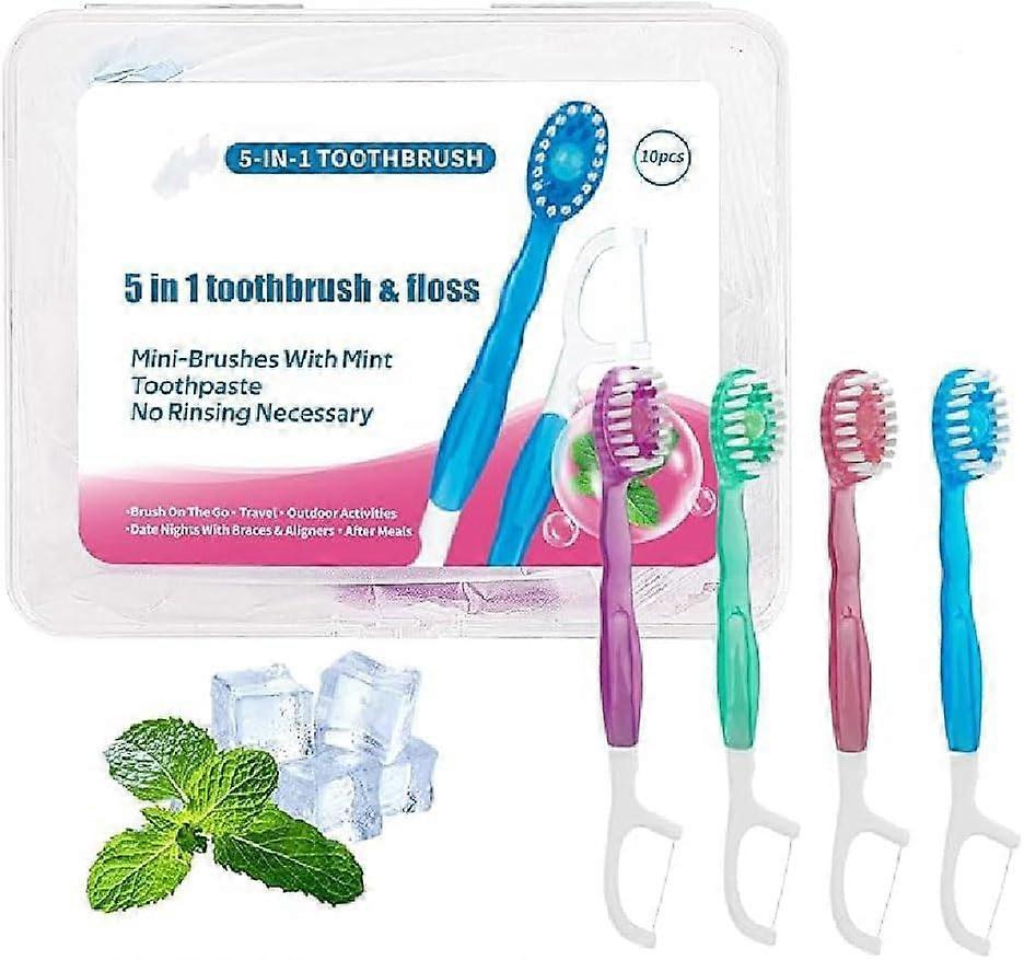 5in1 Singleuse Travel Toothbrush with Floss, Pick Tongue Scraper, Disposable Mini Toothbrushes On The Go, for Travel, Camping, 4 Mixed Flavors