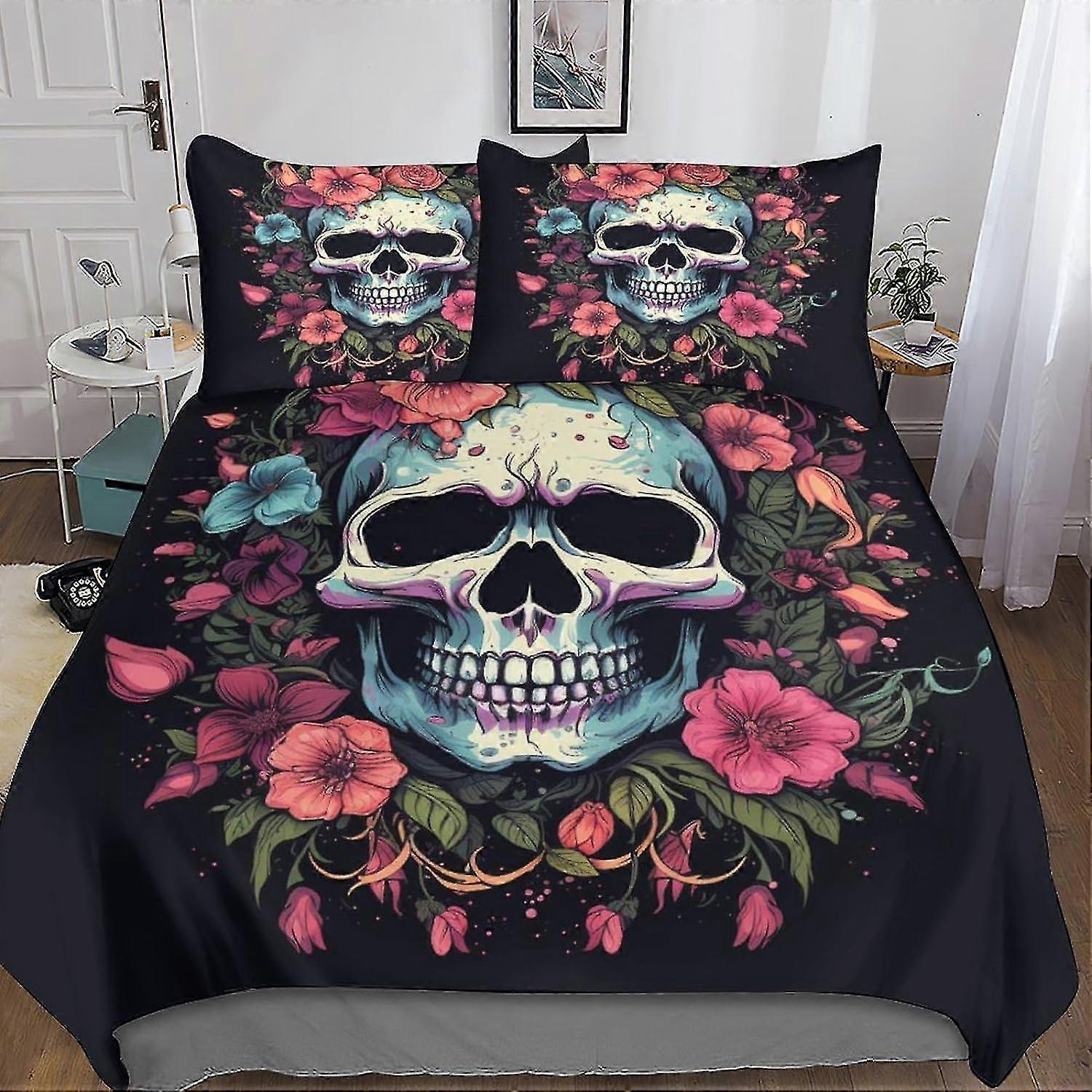 Gothic Skull Duvet Cover Bedding Set, 3D Creative Skull Quilt Cover with Pillowcases, Suitable for Soft Microfiber with Zipper Closure, 3 Pi