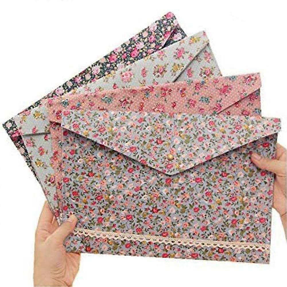 FunnyLive 4 PCS; Individual Felt A4 Size Floral Pattern Document Folder with Snap Button Office Document Medal Stationery Storage Organizer
