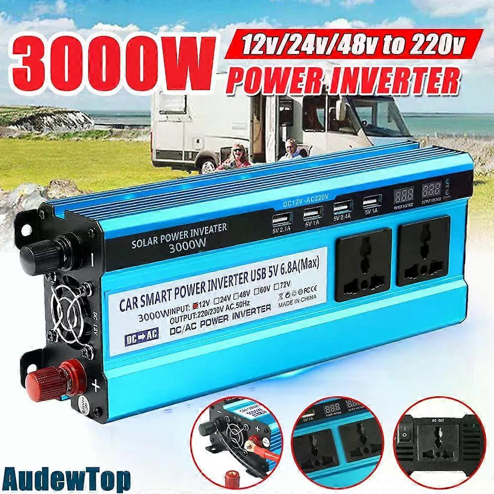 3000W Car Inverter Power Voltage Convertor Transformer DC12V 24V 48V To AC 220V Solar Double LCD Display 4USB Inverter