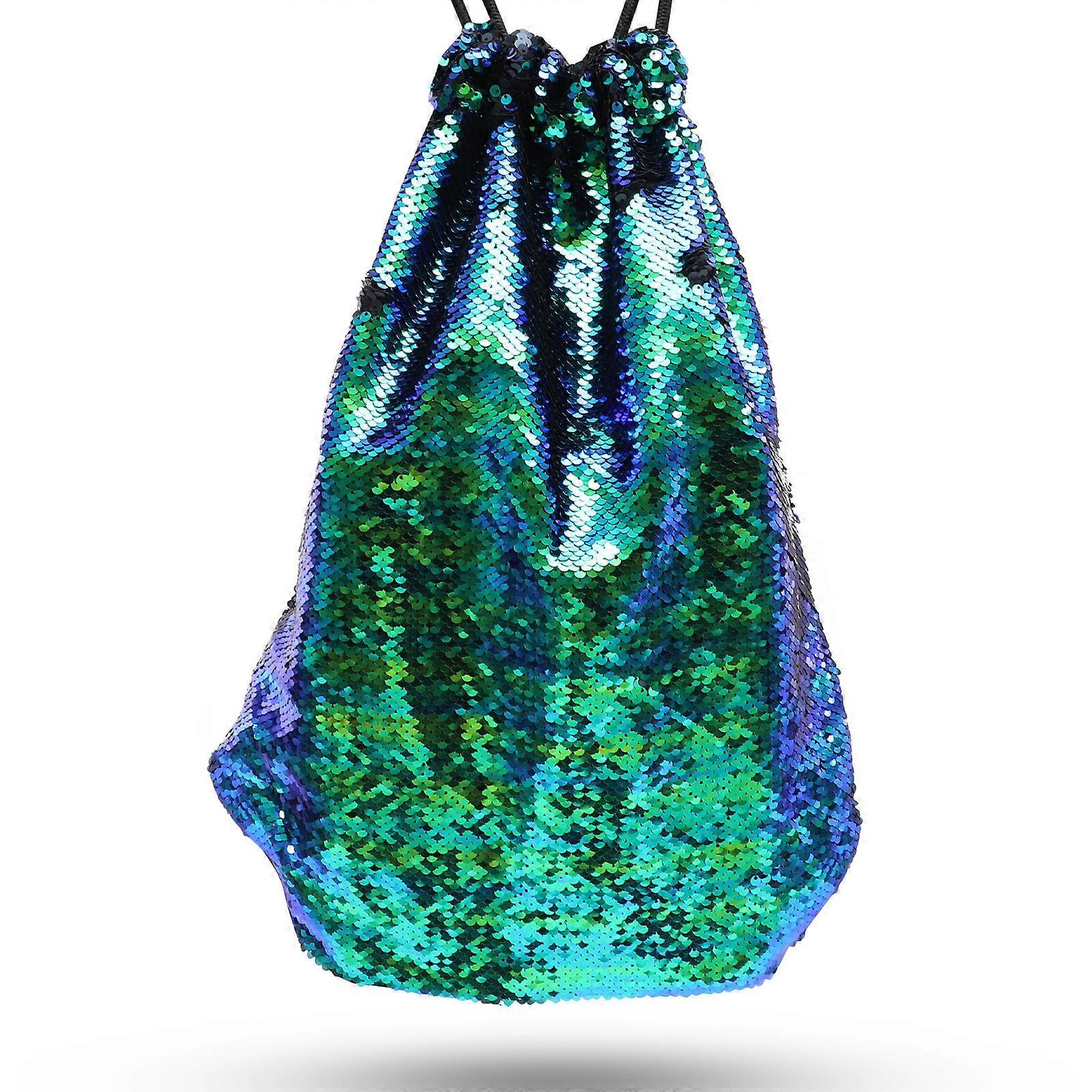 Sparkly Dance Backpack Sequin Drawstring Backpack Green Round Top Rectangular Body 1Pack