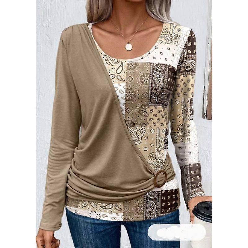 Spring and Autumn Women's Blouse Printed Solid Color Splicing Casual Long Sleeve T-Shirt