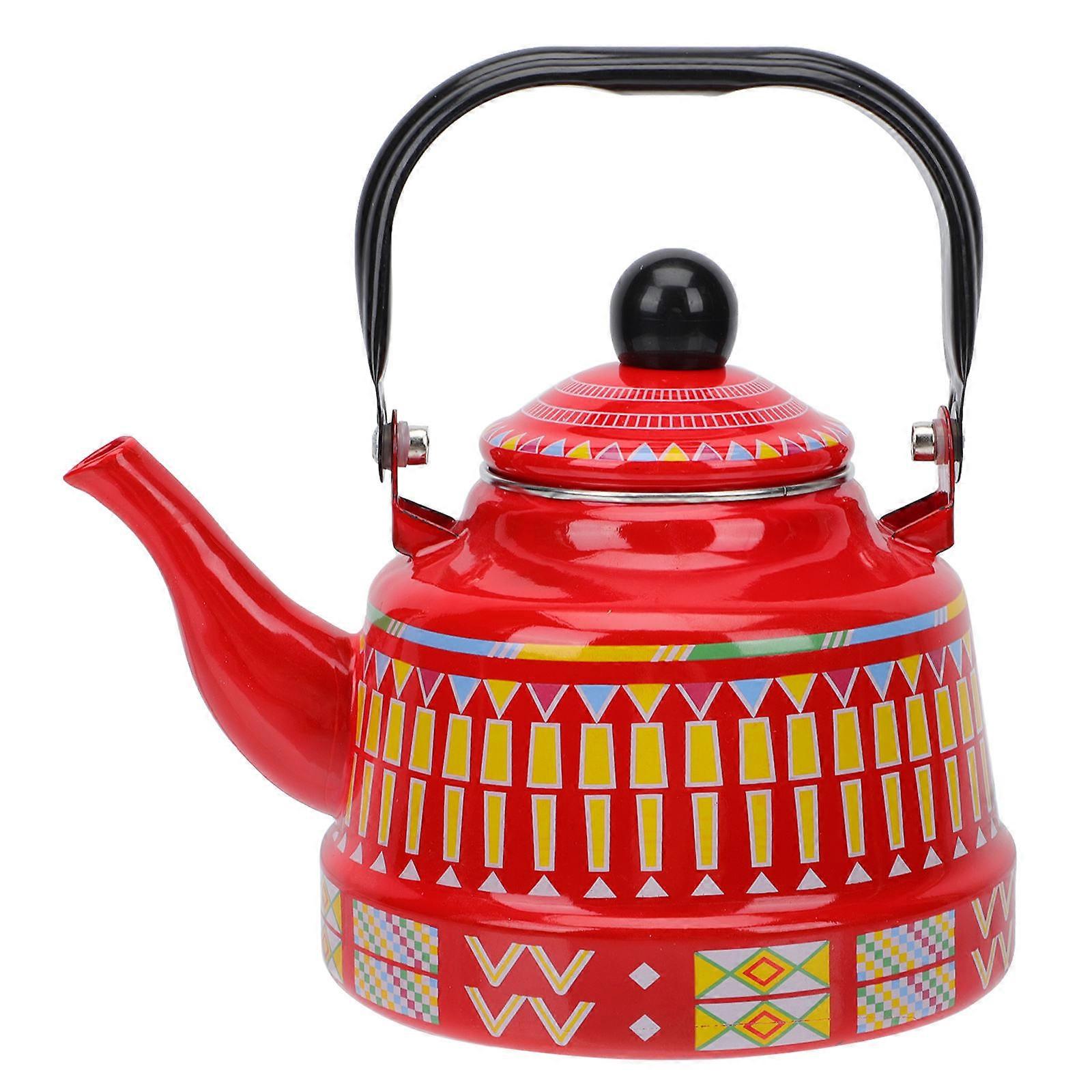 Red Geometric Enamel Tea Kettle Heat Resistant Bottom for Gas Stove and Induction Cooker Stovetop Water Boiling Pot for Home Use