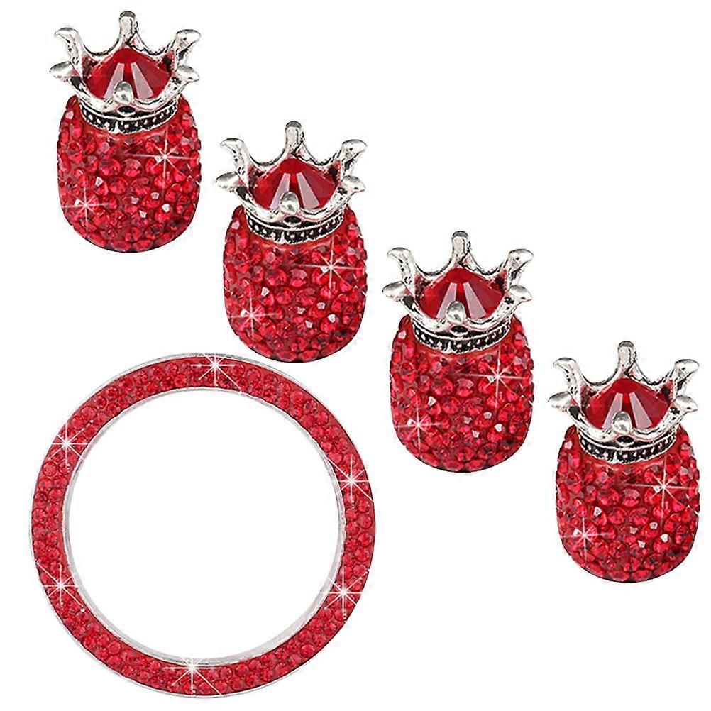 5pcs Red Rhinestone Car Stem Caps & Ignition Button Ring Set – Dustproof, Sparkling Design Tire Valve Caps for Auto Decoration & Protection