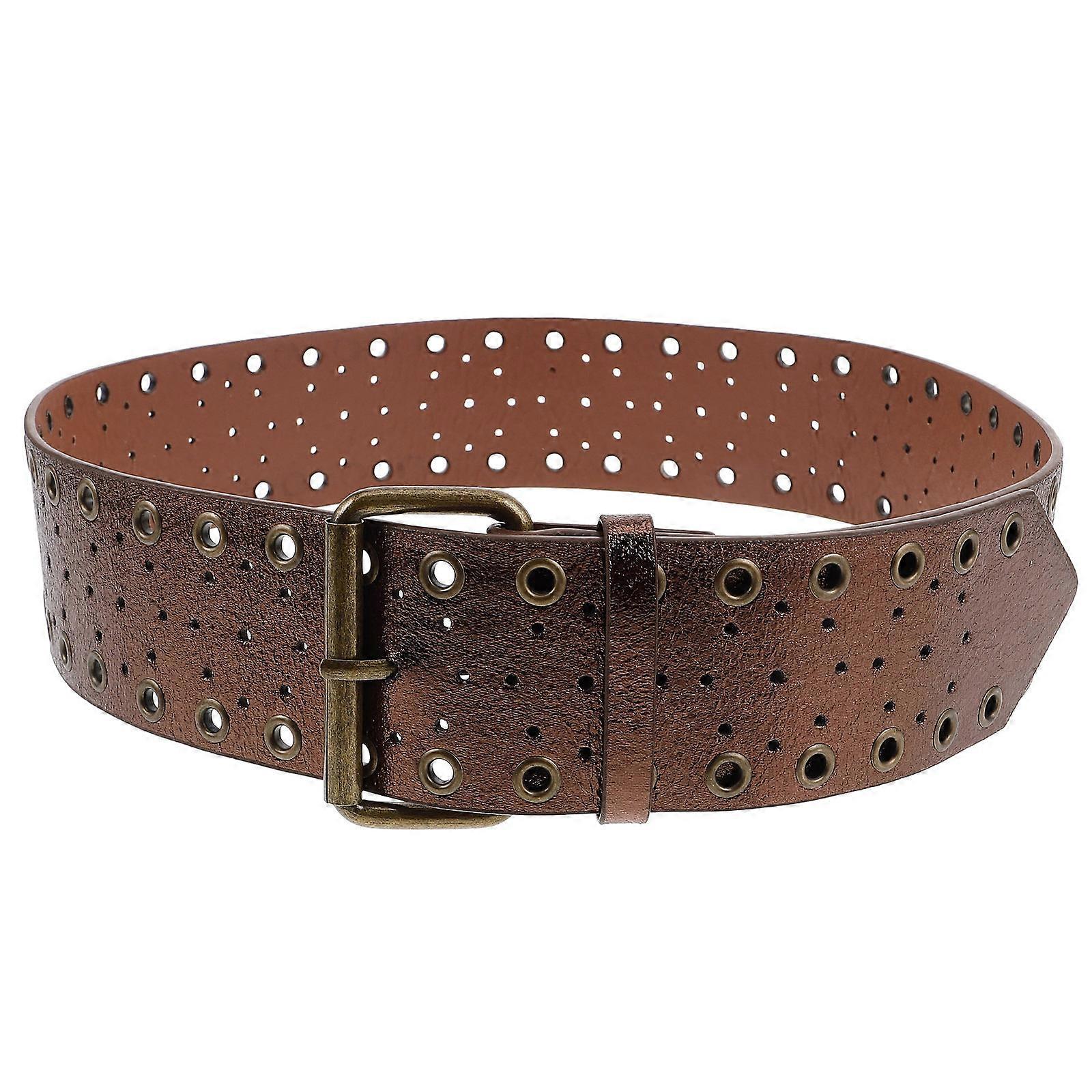 PU Double Grommet Western Cowboy Belt for Men/Women, Vintage Rivet Studded Wide Waist Belt for Everyday Wear, Boho Style Fashion Accessory