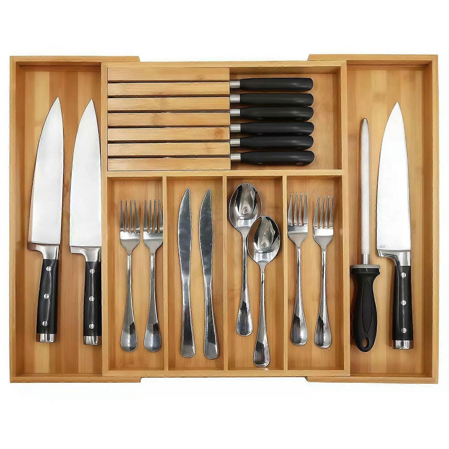 Retractable Kitchen Drawer Organizer with Knife Block Bamboo Utensil Holder Storage Box