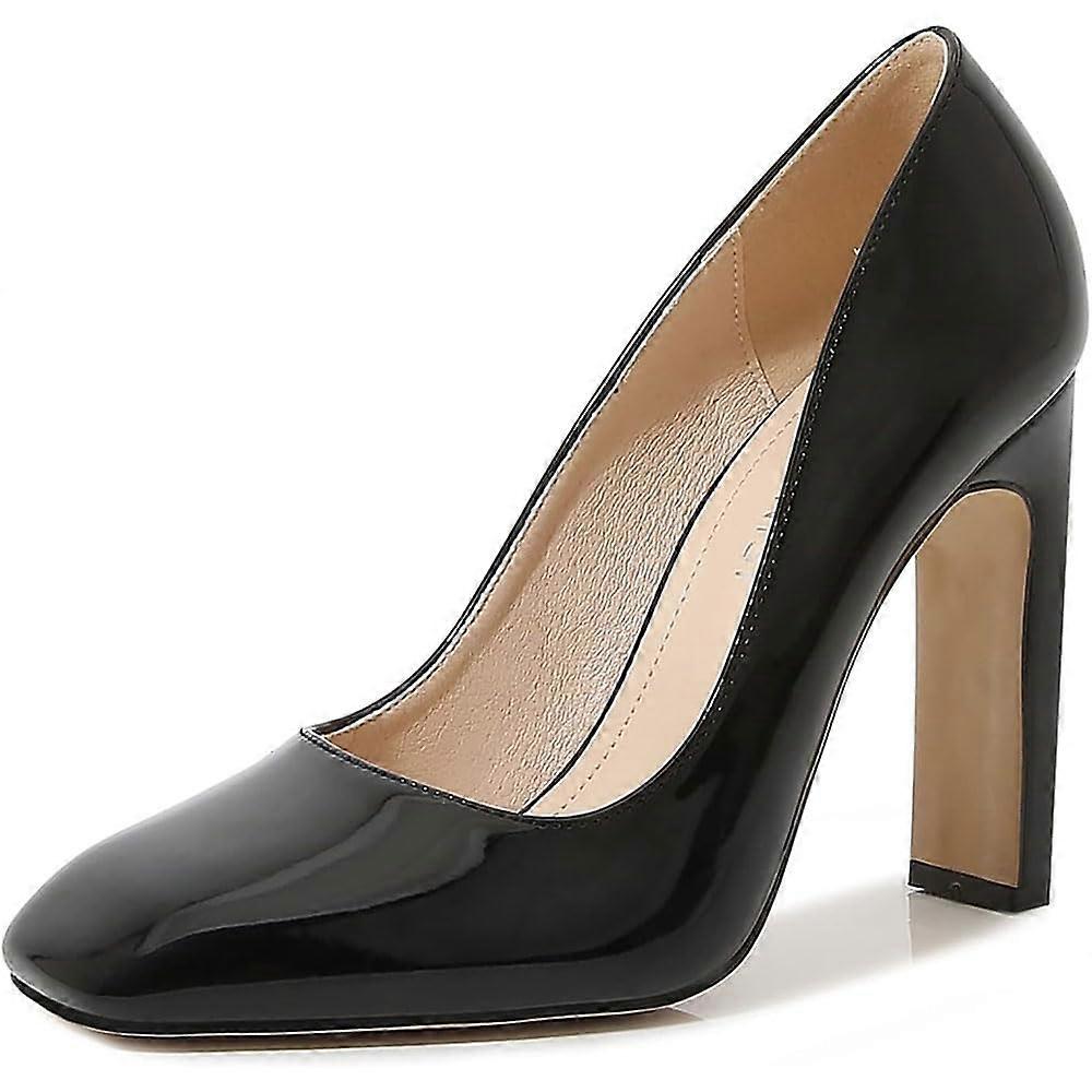 Women's Patent Leather High Heel Pumps with Ankle Strap, Square Closed Toe, Block Heel, Slip On, Evening Dress Shoes, Size 45EU