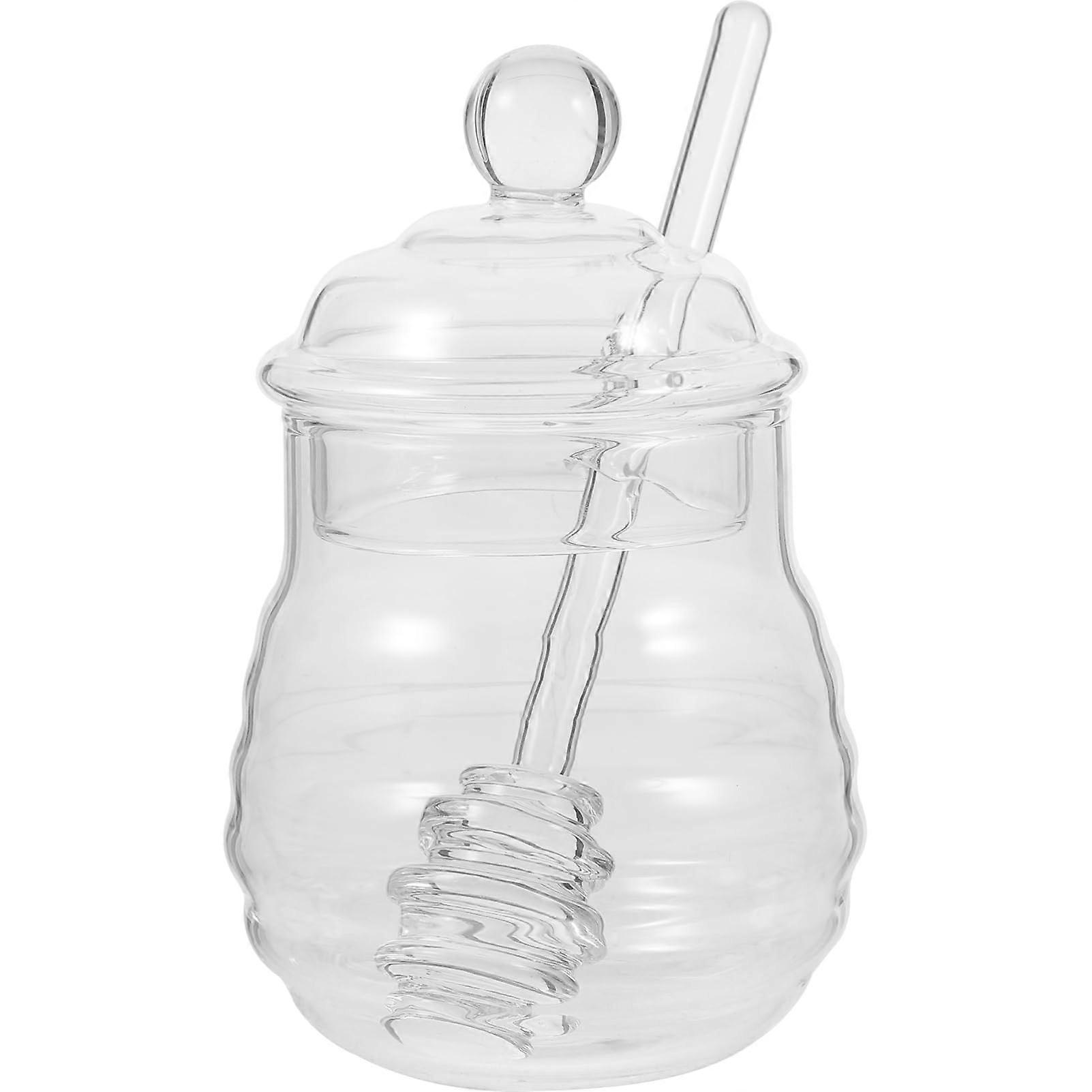 Honey Pot With Dipper And Lid, Borosilicate Glass, Spiral Design, Kitchen Storage, Clear