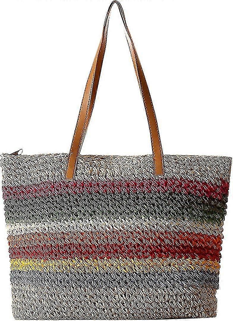 Women's Cotton and Linen Woven Handbag, Rattan Material with Rainbow Stitching, Large Capacity and Portable