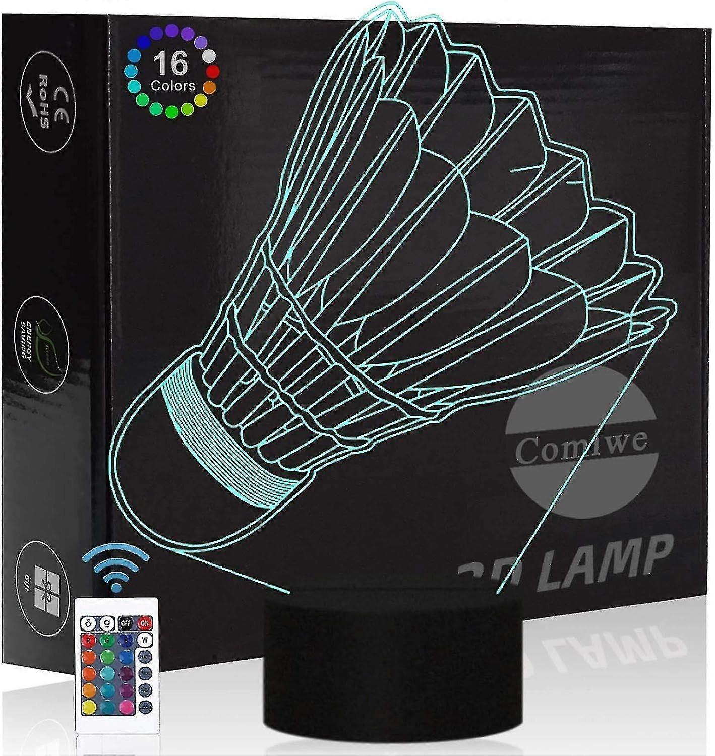 3D Badminton Multicolored Night Light with 16-Color Change, Smart Touch Control and Remote Control