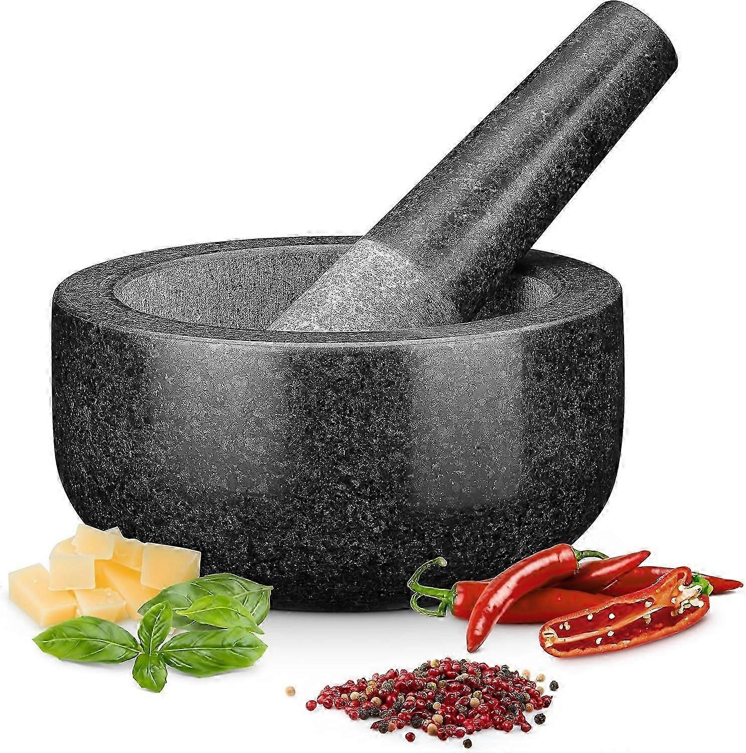 Pestle and Mortar Set, Premium Solid Granite Stone Large Black - 16cm(6.3") Diameter