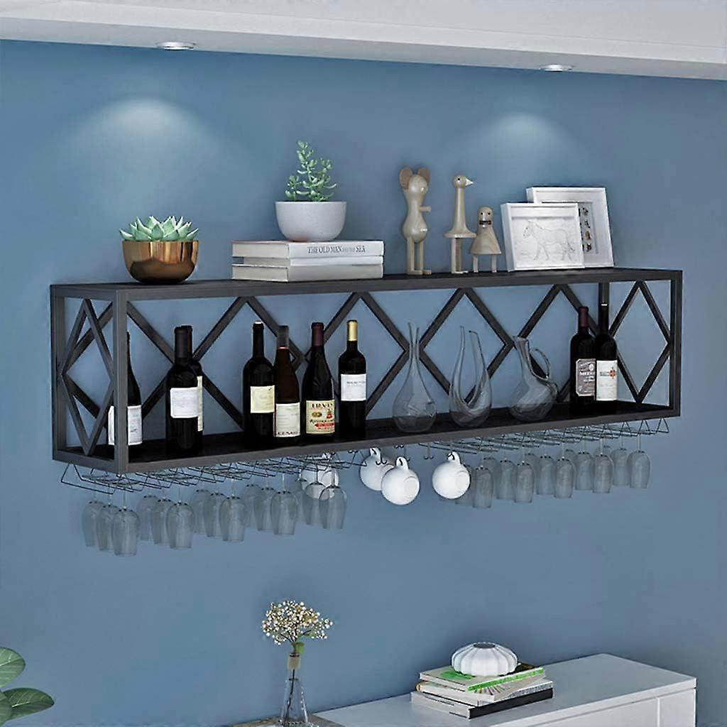 WallMounted Goblet Rack Black 60x25x40cm Multifunctional Iron Bottle Holder Partitions Floating Shelves
