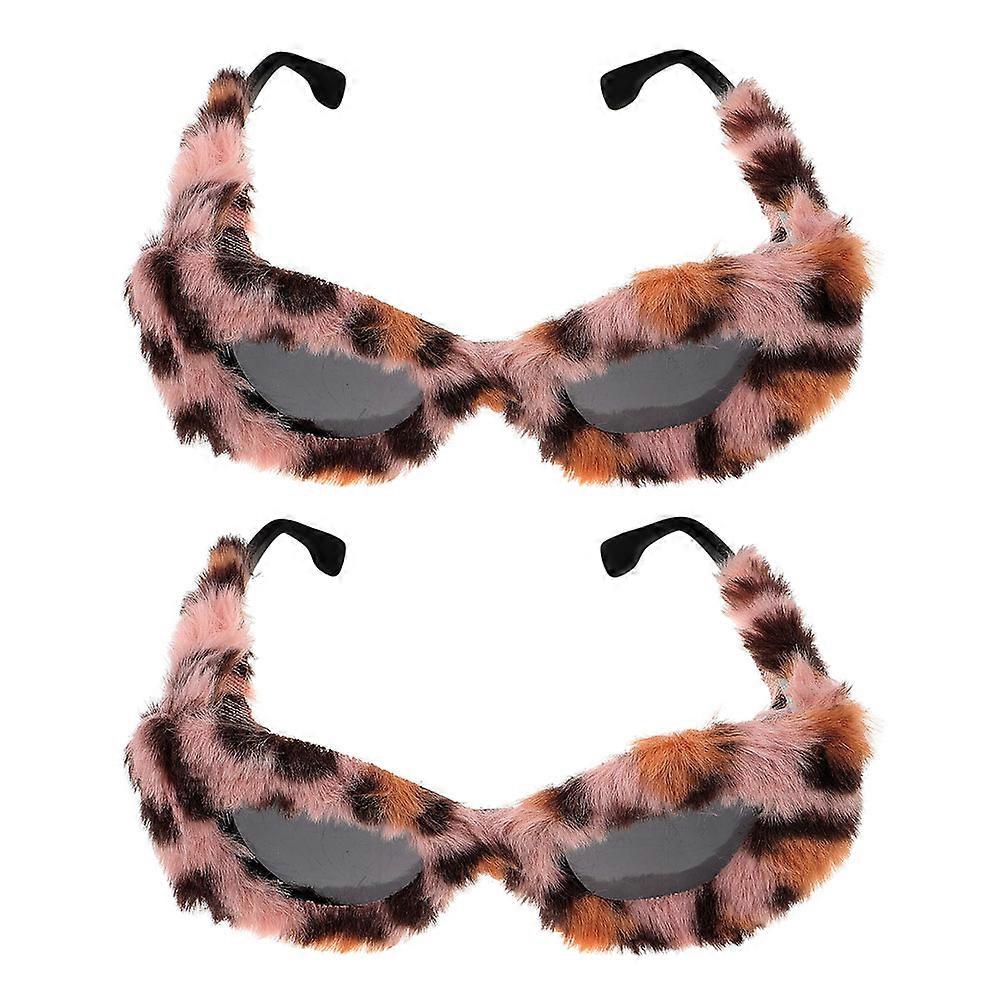 Fuzzy Leopard Print Sunglasses 2Pcs for Everyday Wear Gatherings Travel Masquerade Party Summer Outings Multi Color Uv Protection Function