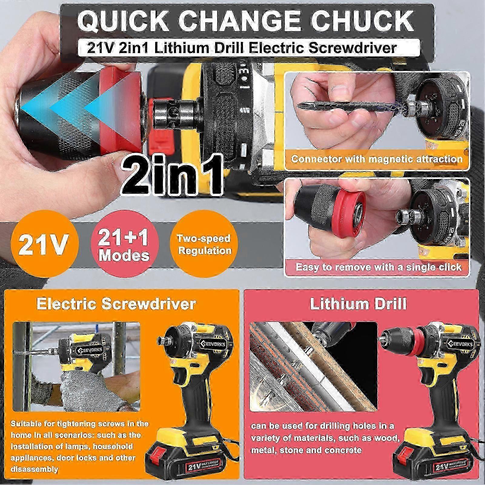 Geevorks 21V 2in1 Lithium Drill & Screwdriver, 1300mAh, Compact
