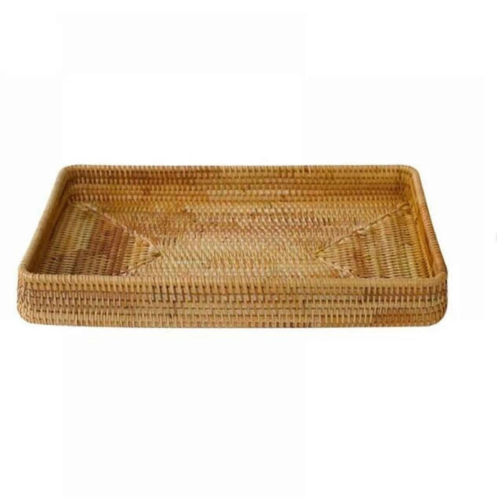 Jannly Rattan Serving Tray Rectangular Woven Basket Tray Natural Wicker Decorative Serving Baskets For Organizing Tabletop Kitchen Counter
