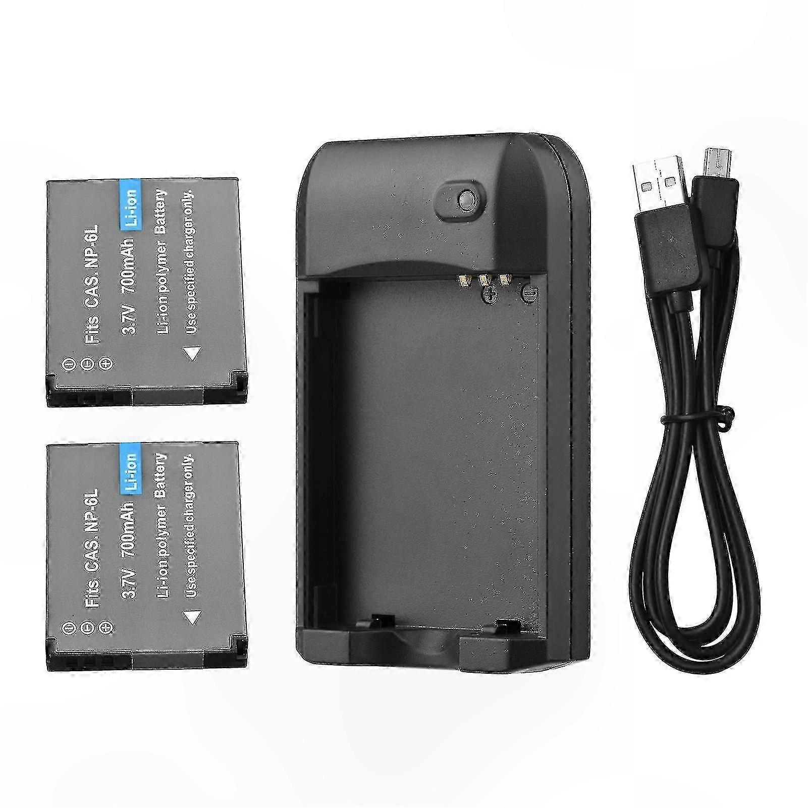 NP-6L Battery Charger with LED Indicator + 2pcs NP-6L 3.7V 700mAh Batteries with USB Charging Cable