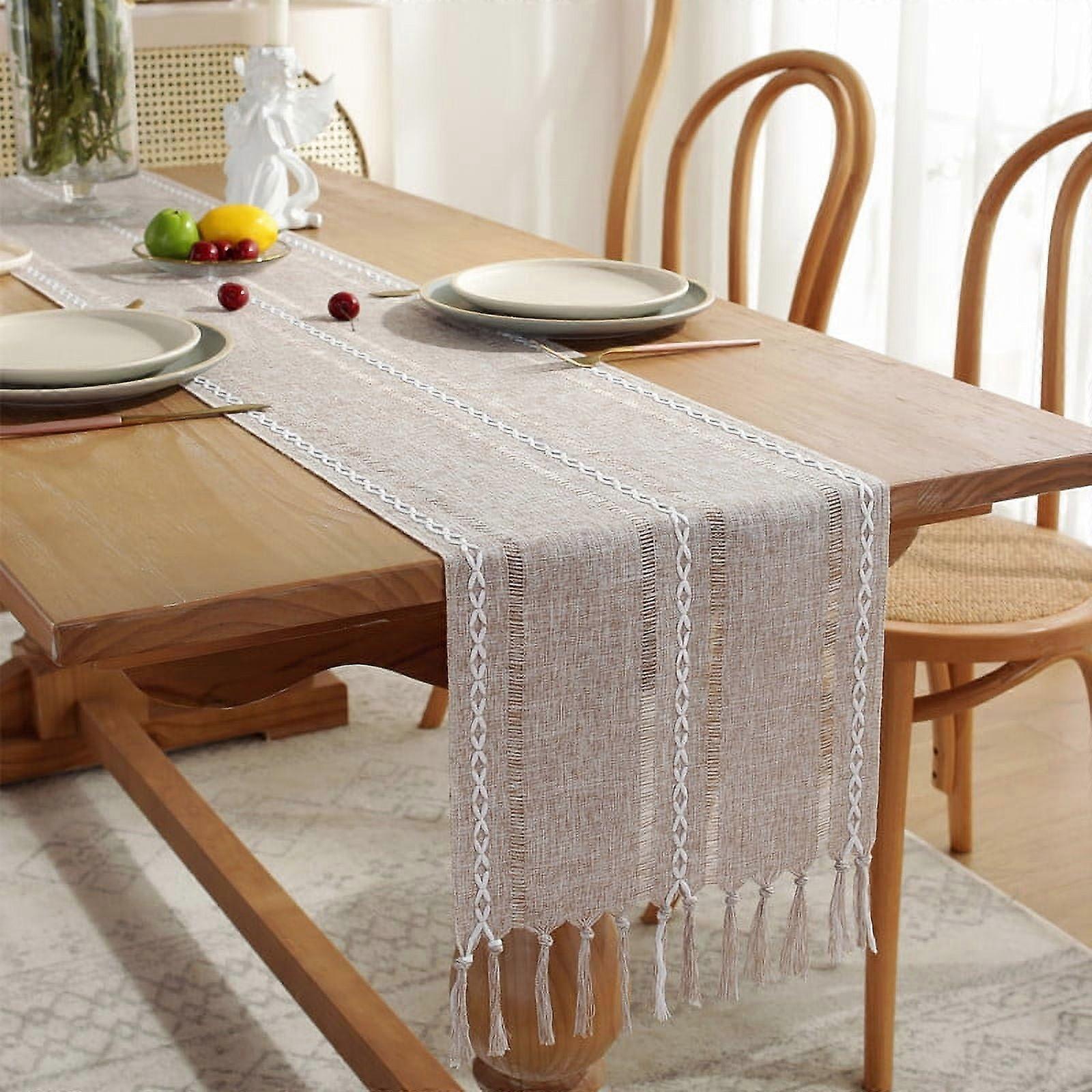 Cterwk Table Runner with Tassels, Embroidered Cotton Linen Table Runner Boho Table Runners for Christmas Party and Wedding, 130x13 Inches