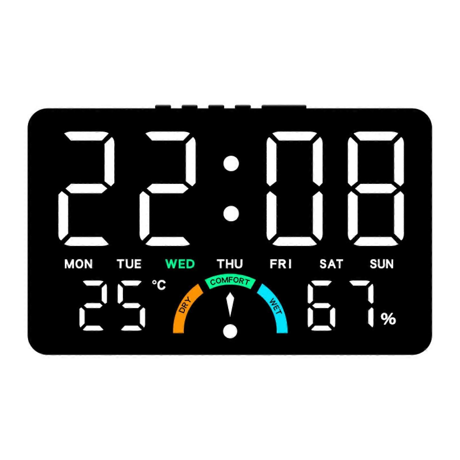 Digital Hygrometer Thermometers Clock with Double Alarm Function Clear LED Screen Plastic Housing for Room Environment  Black shell white li