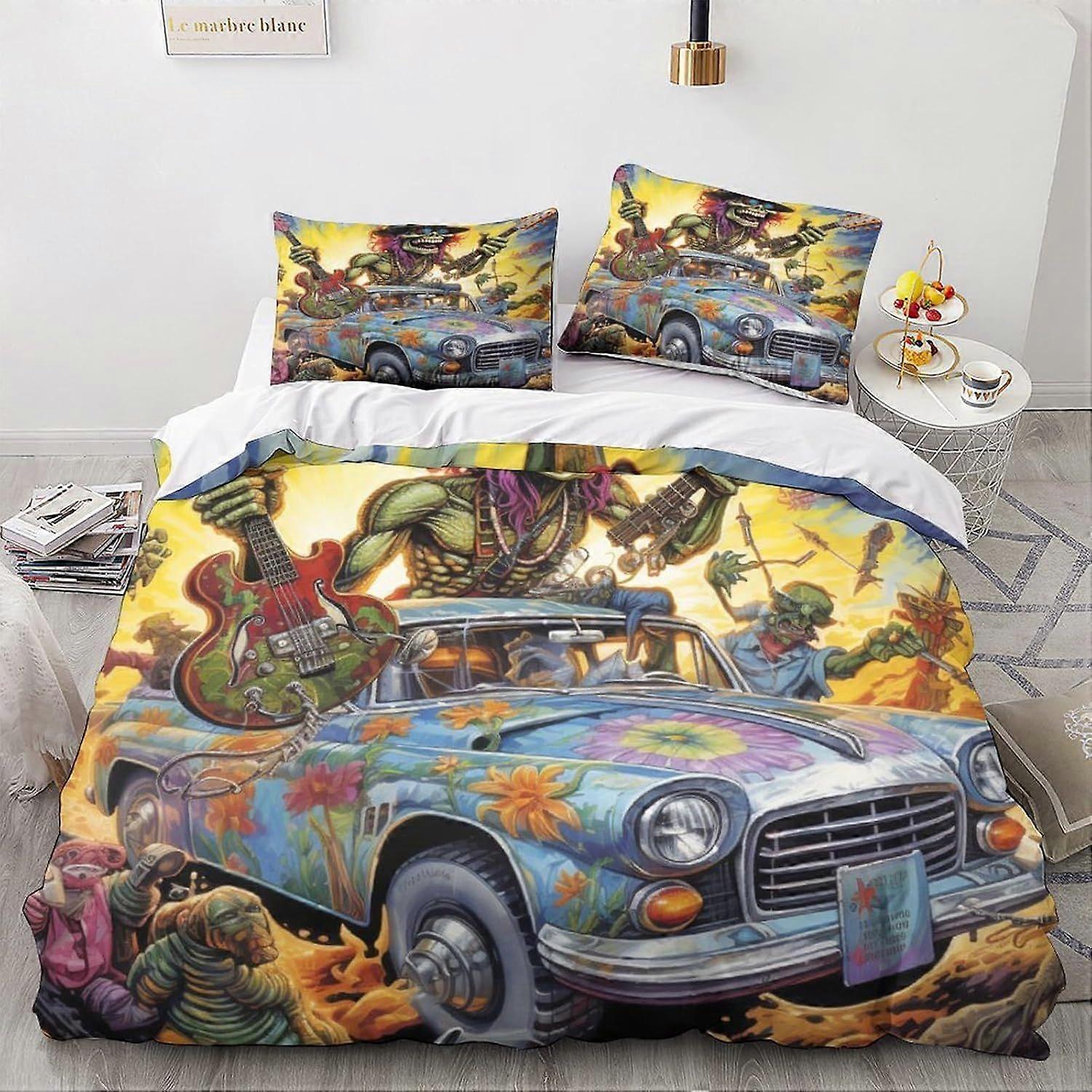LikeEj monstros roupa de cama conjunto dos desenhos animados edredom capa carro vintage colcha capa edredom bonito macio com zíper de metal rei