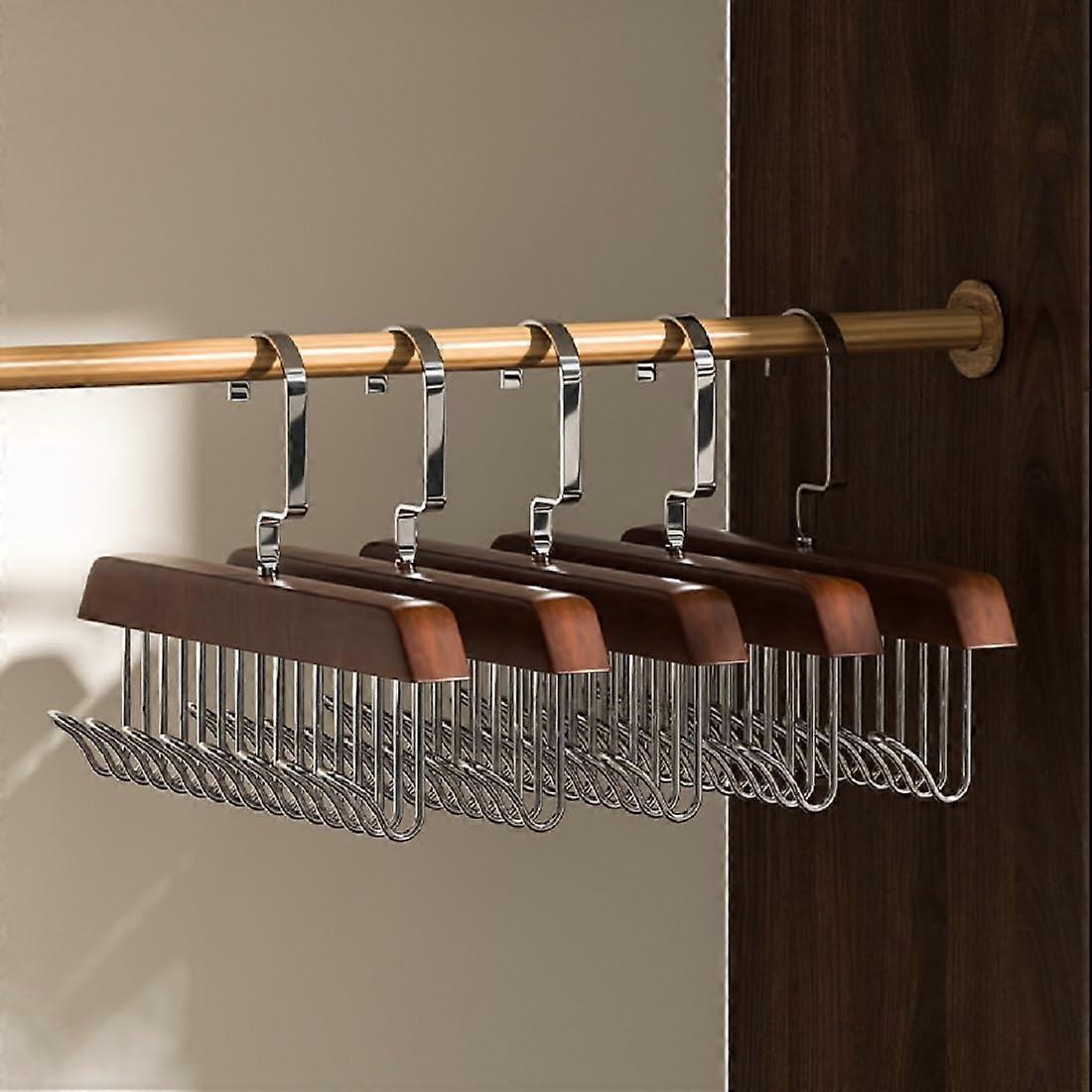 4 Pack Wooden Tie Rack Organizer with 8 Rustproof Metal Hooks, Space Saving Closet Belt and Tie Hanger for Men (Brown)