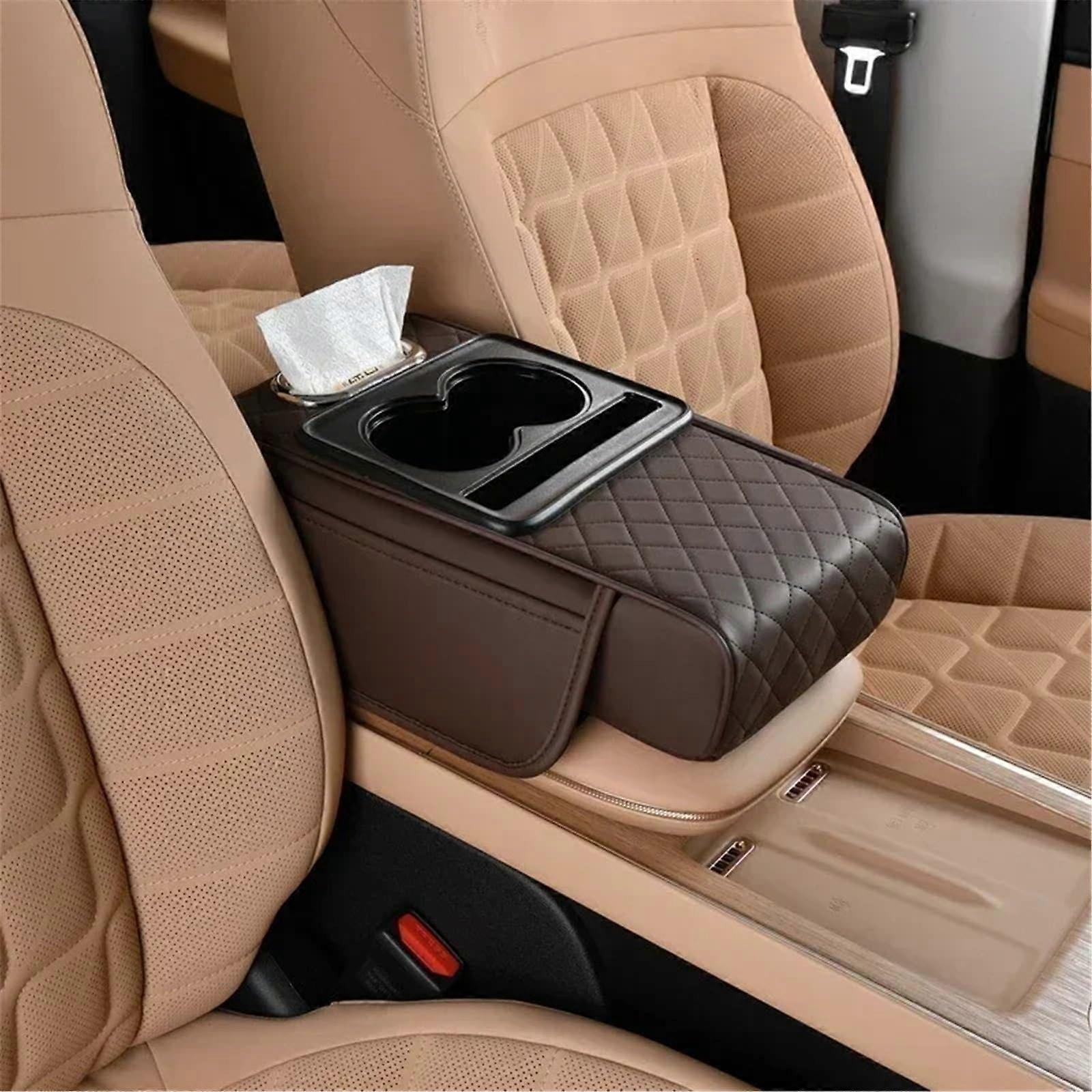 Car Armrest Cushion with Memory Foam Support, Waterproof Storage Box, Cup Holder, Brown 7.5cm