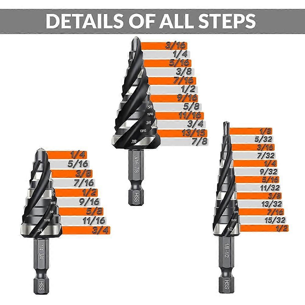 Four Spiral Flute Step Drill Bit Set, 3 Pcs HSS Step Drill Bits (1/8"-7/8") Unibit Step Drill Bit , 1/4" Shank Step Bits