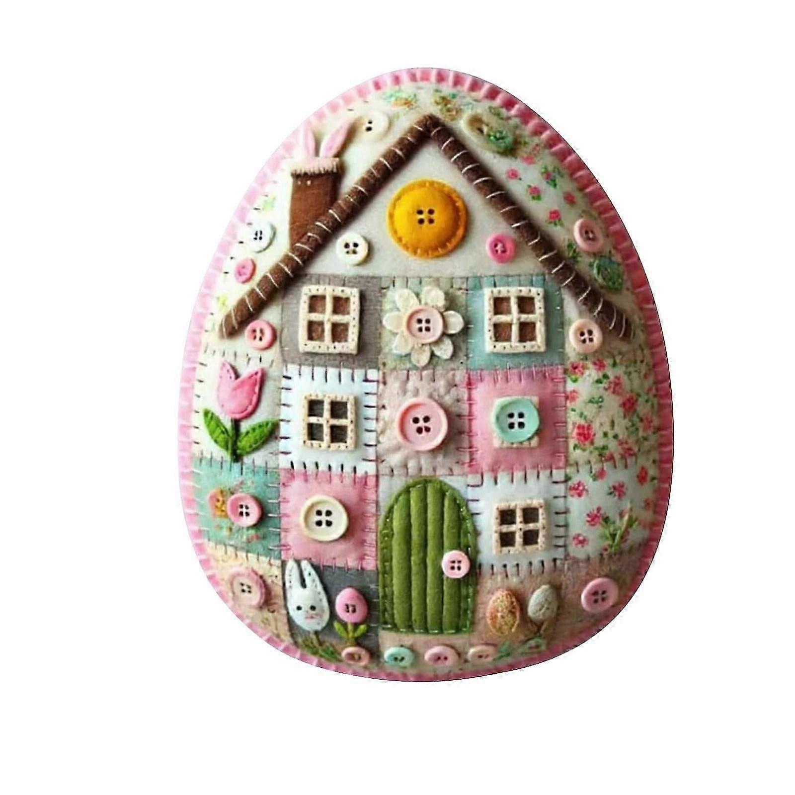 Patchwork Felt Egg House Easter Decor DIY Craft Kit, Embroidered Eggs 3.5"2.5", 1PC (E)