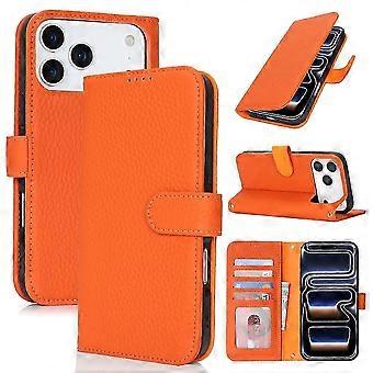 iPhone 17 Pro Max Genuine Leather Stand Case with Litchi Texture and RFID Security