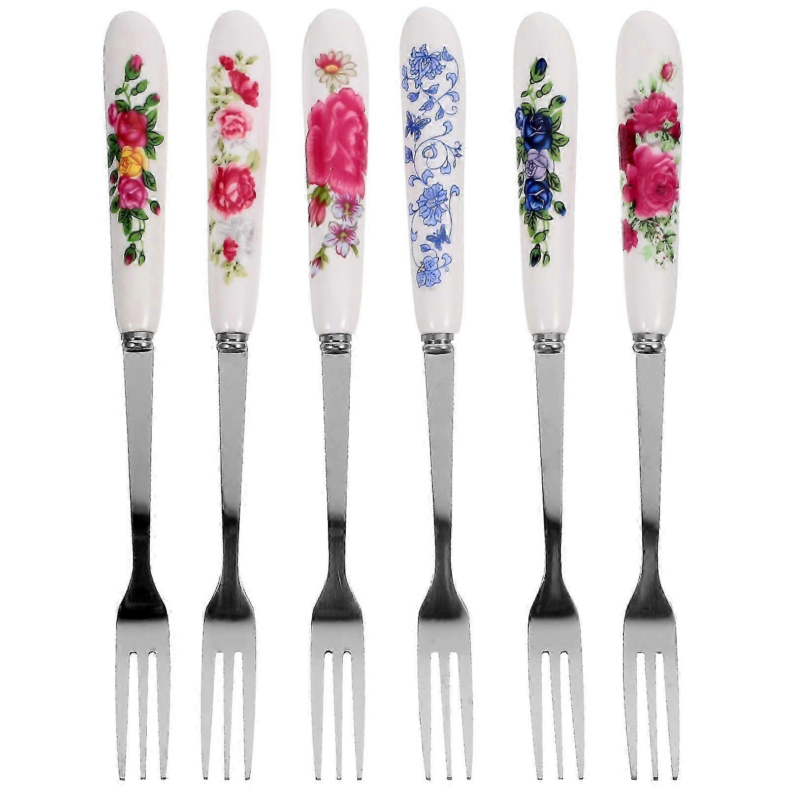 6Pcs Ceramic Handle Dessert Fork Multi-function Small Fork Portable Fruit Fork Dessert Supply