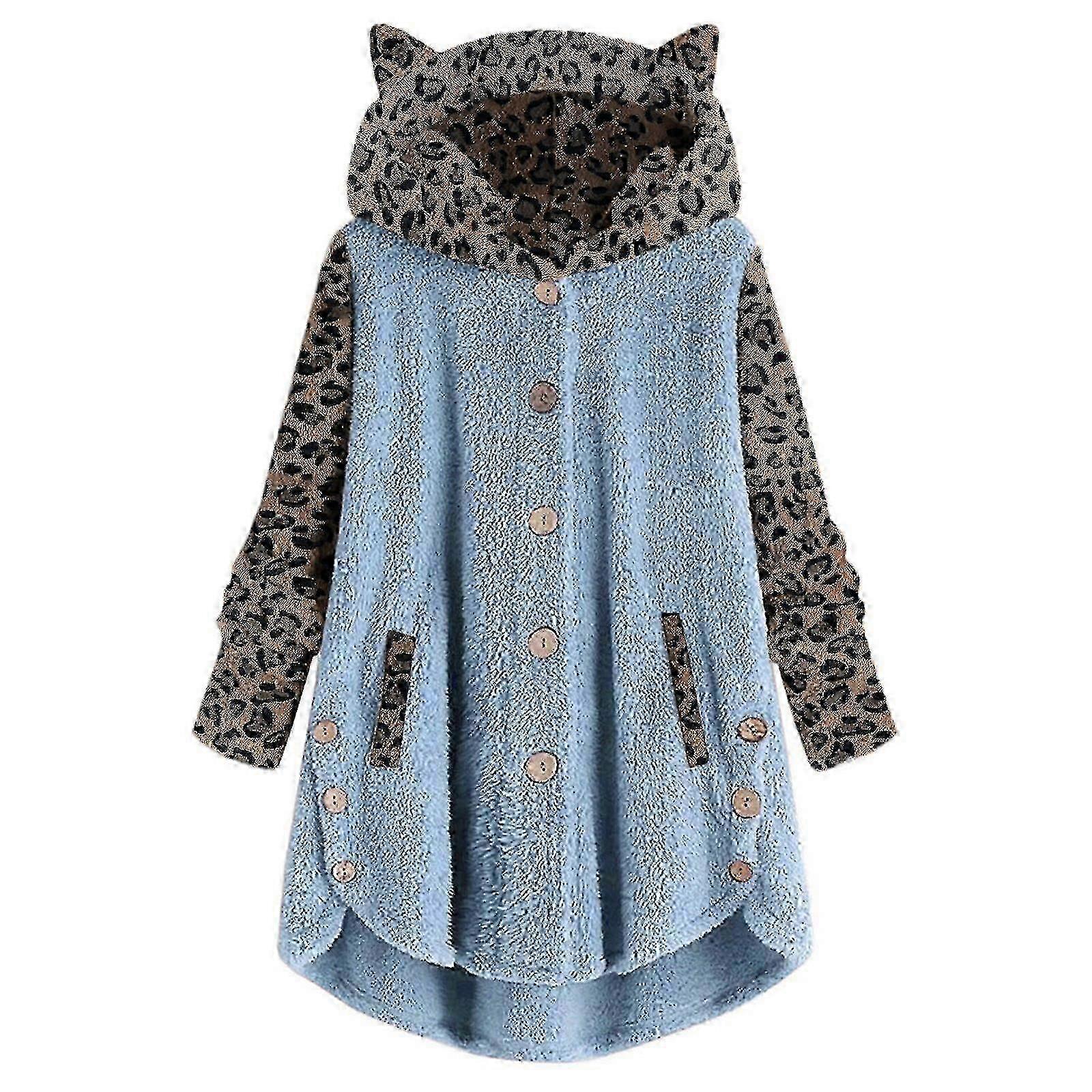 Women's Cute Hooded Sweatshirt | Leopard Print Cat Ears Jacket | Long Sleeve Buttoned