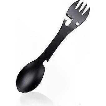 Outdoor Spoon Fork Multitool with Bottle Opener, Can Opener, and Sawtooth Cutter, Portable Camping Picnic Utensil Set, 5pcs, Black