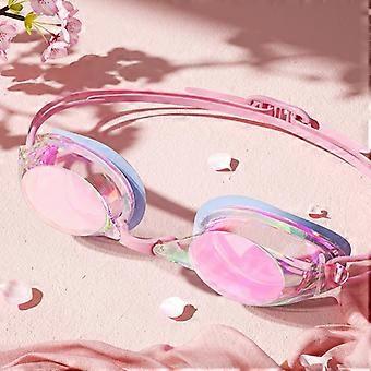 Gafas de natación rosas iridiscentes antivaho con lentes HD gran angular y resistentes a las fugas para entrenamiento de natación de adolescentes.