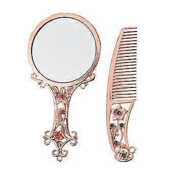 Handheld Makeup Mirror with Comb 1Set Portable Golden Makeup Tool