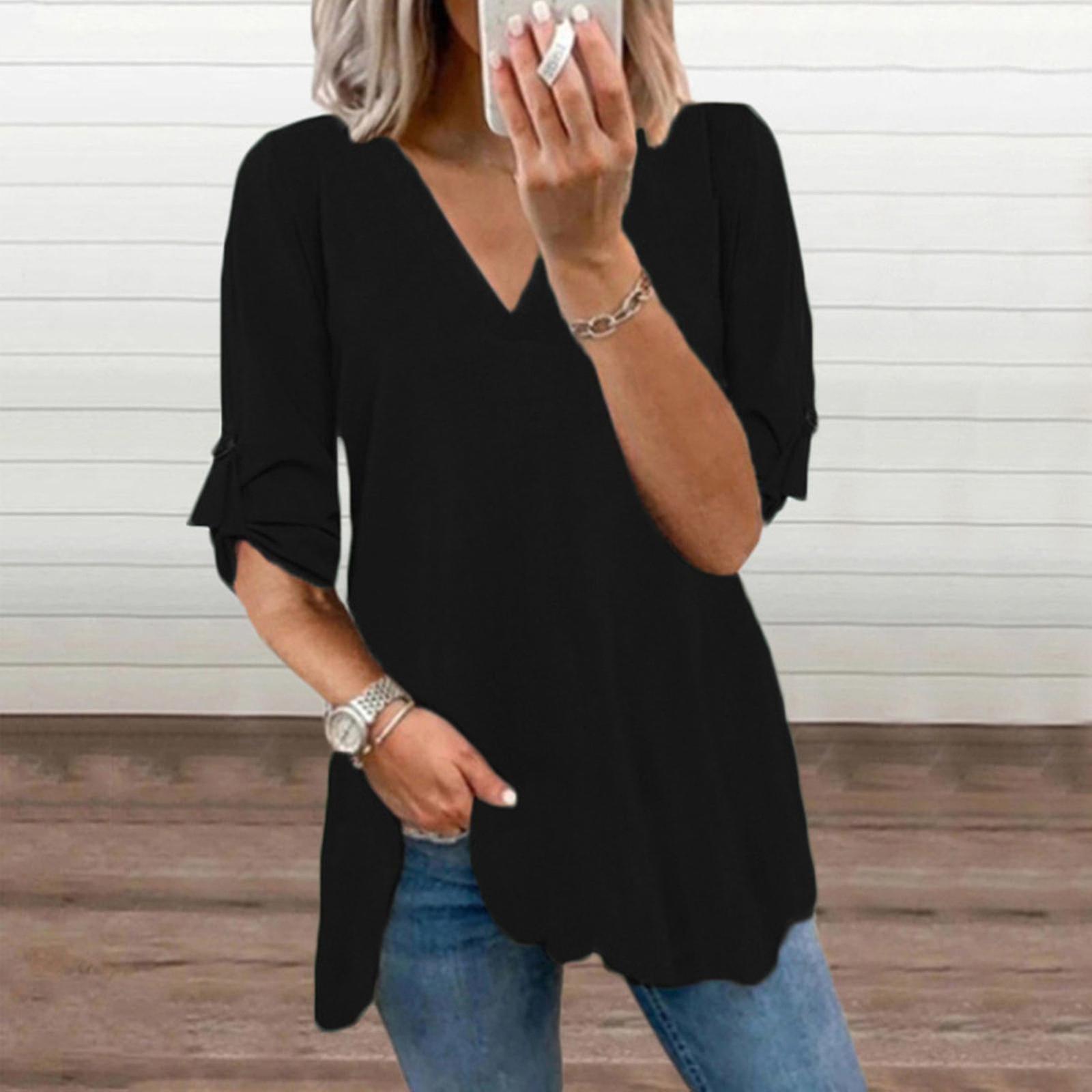 Women's Casual Long Sleeve Blouse Hedging V-neck Solid Shirts Tops