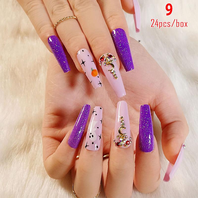24pcs Black Pink Ghost Long Ballet False Nails Halloween Press On Nails Tips