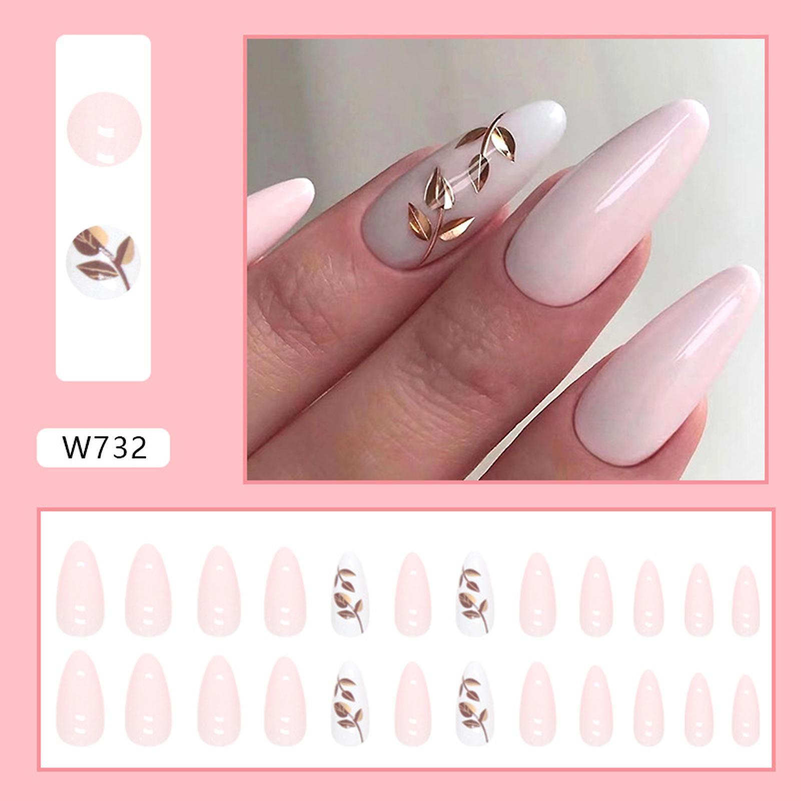 Gold Foil Leaf Decor False Manicure With Harmless And Smooth Edge Nails