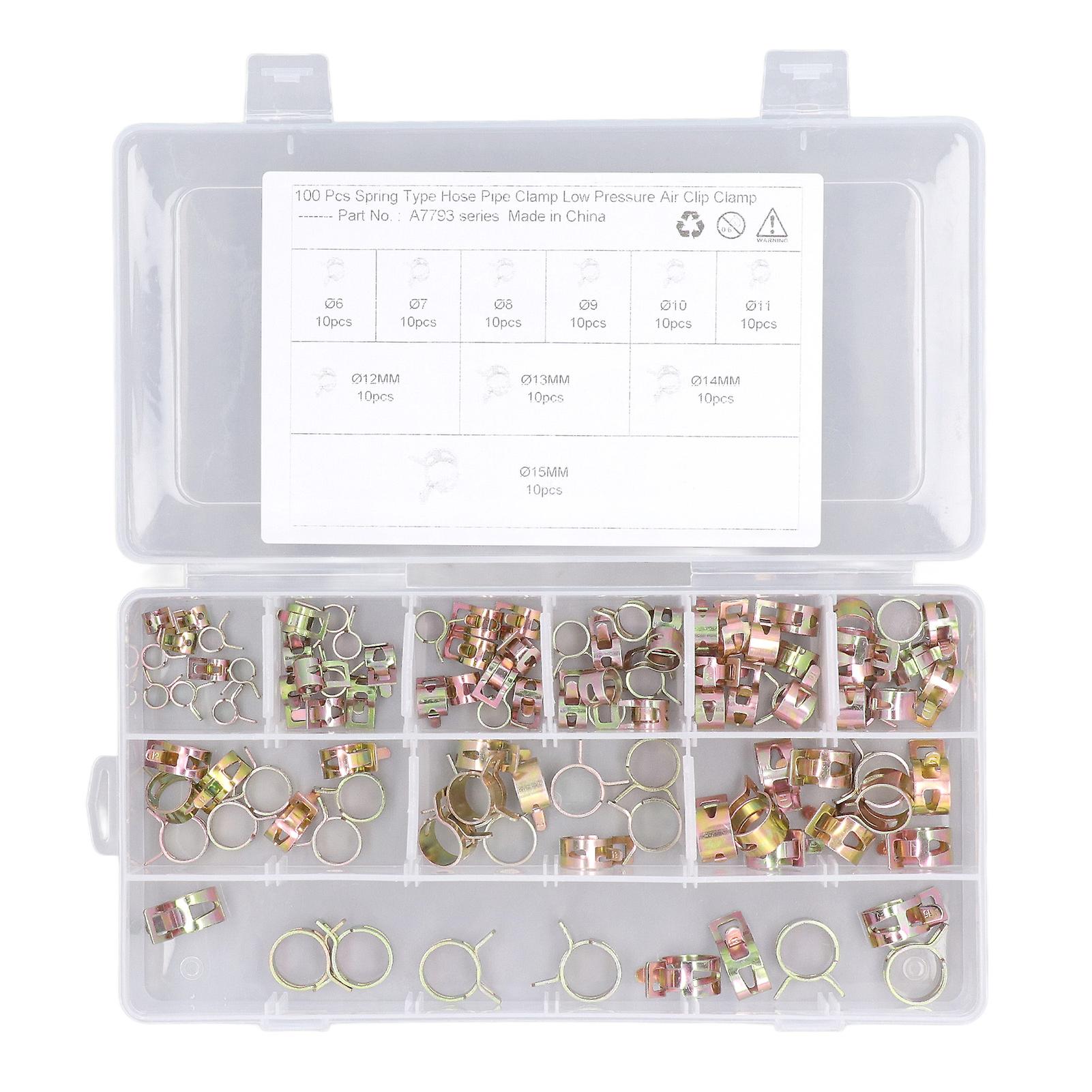 100PCS Spring Hose Clamps Manganese Steel Color Galvanizing Spring Clip Pipe Clamp Assortment Kit