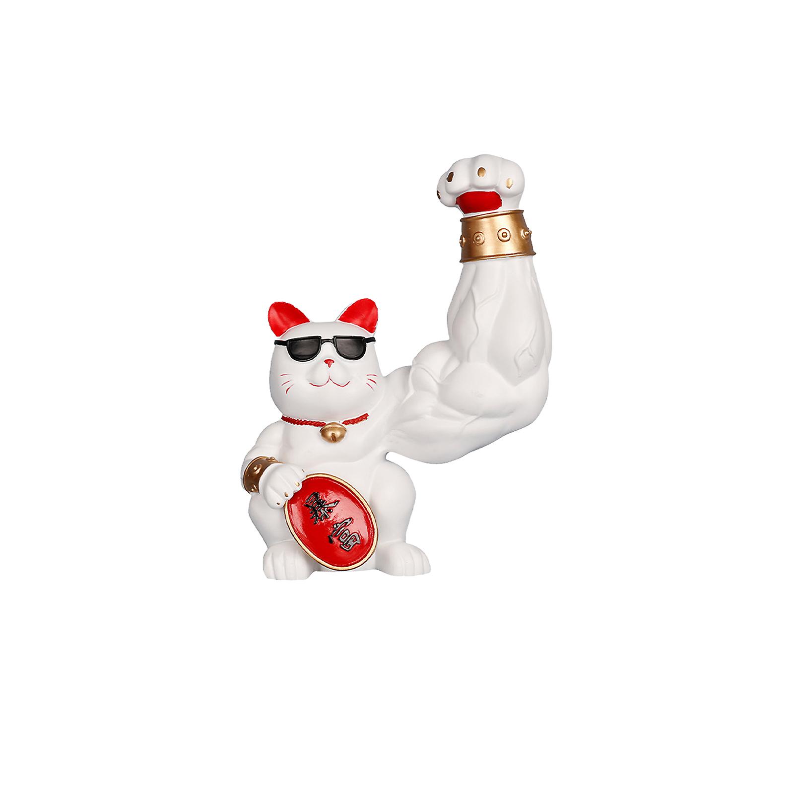 風水ラッキーキャット、手を振る腕の招き猫で繁栄の装飾 ホームショップカーに幸運と幸せを引き寄せる レジン素材(ゴールド)