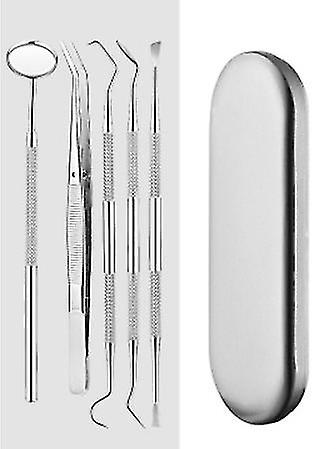 Oral Hygiene Dental Kit 5 Pieces: Mirror, Jawbone, Sickle Scraper, Tartar Scraper And Double-ended Chisel - Silver For Professional Use-hy