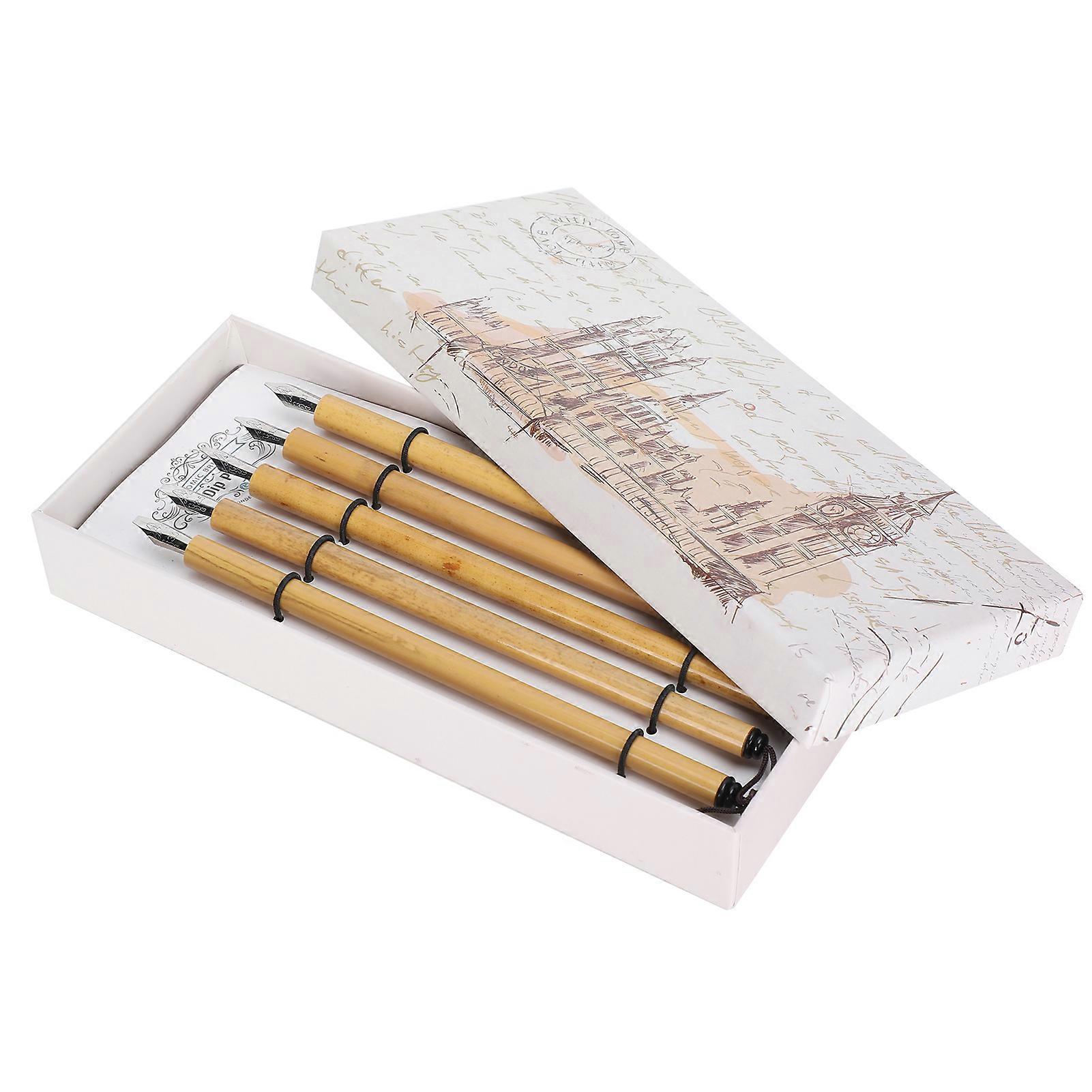 5Pcsディップペンマンガ書道箱入りヴィンテージ竹描画絵画キット学用品フラットペン先