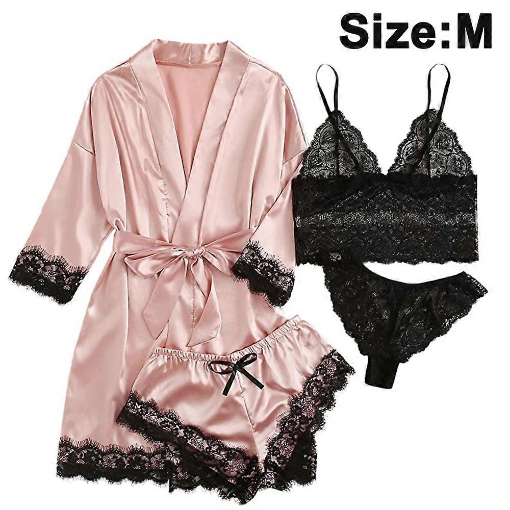 4 stycken Kvinnors Satin Blommig Spets Cami Topp Underkläder Pyjamas Set med morgonrock Morgonrock Kimono Underkläder Set Satin Pyjamas Spets Robe BH