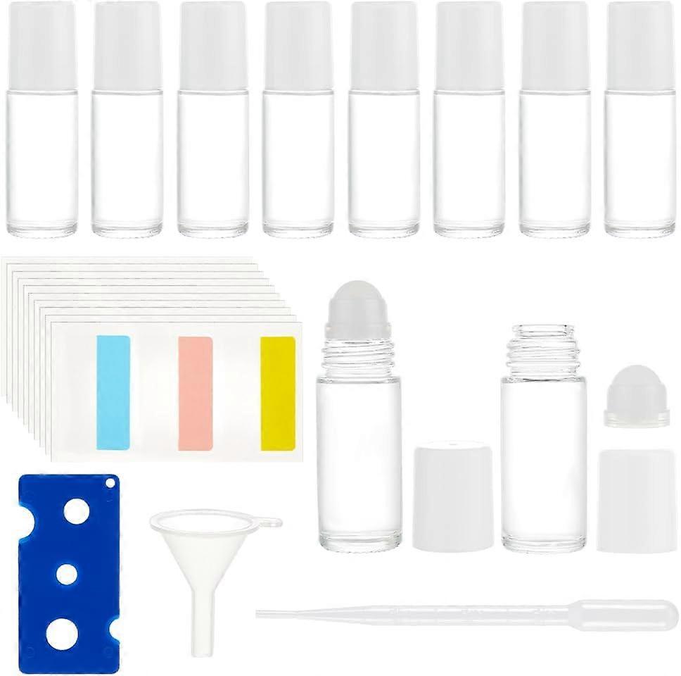 16 Pcs 30ml/1 oz Essential Oil Roller Bottle Clear Glass Bottles with Plastic Roller Ball White Lid Labels Dropper Reusable Empty Roller Bottles Kit f