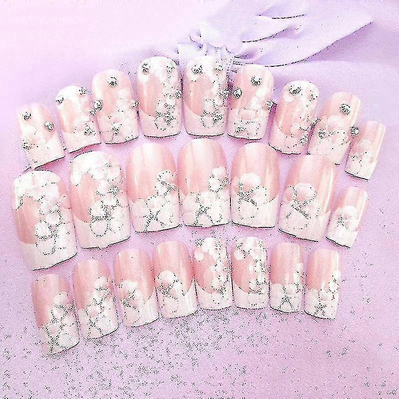 24 Pcs/set Wedding Bride Full Nails Tips With Glue Flowers Shining 3d