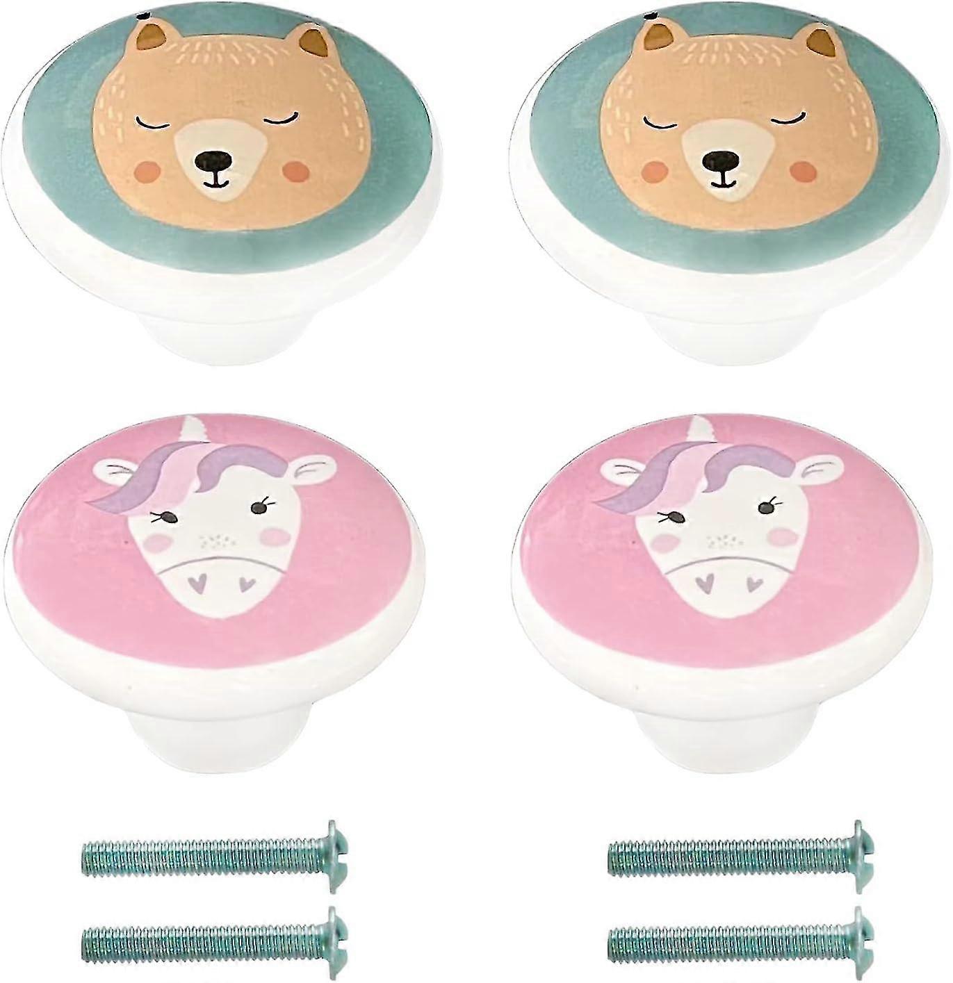 4pcs Kids Ceramic Cabinet Knobs Bear And Unicorn Drawer Pull With Screws, Cute Round Door Knobs Animal Pattern Drawer Knobs For Drawer, Cabinets, Kids
