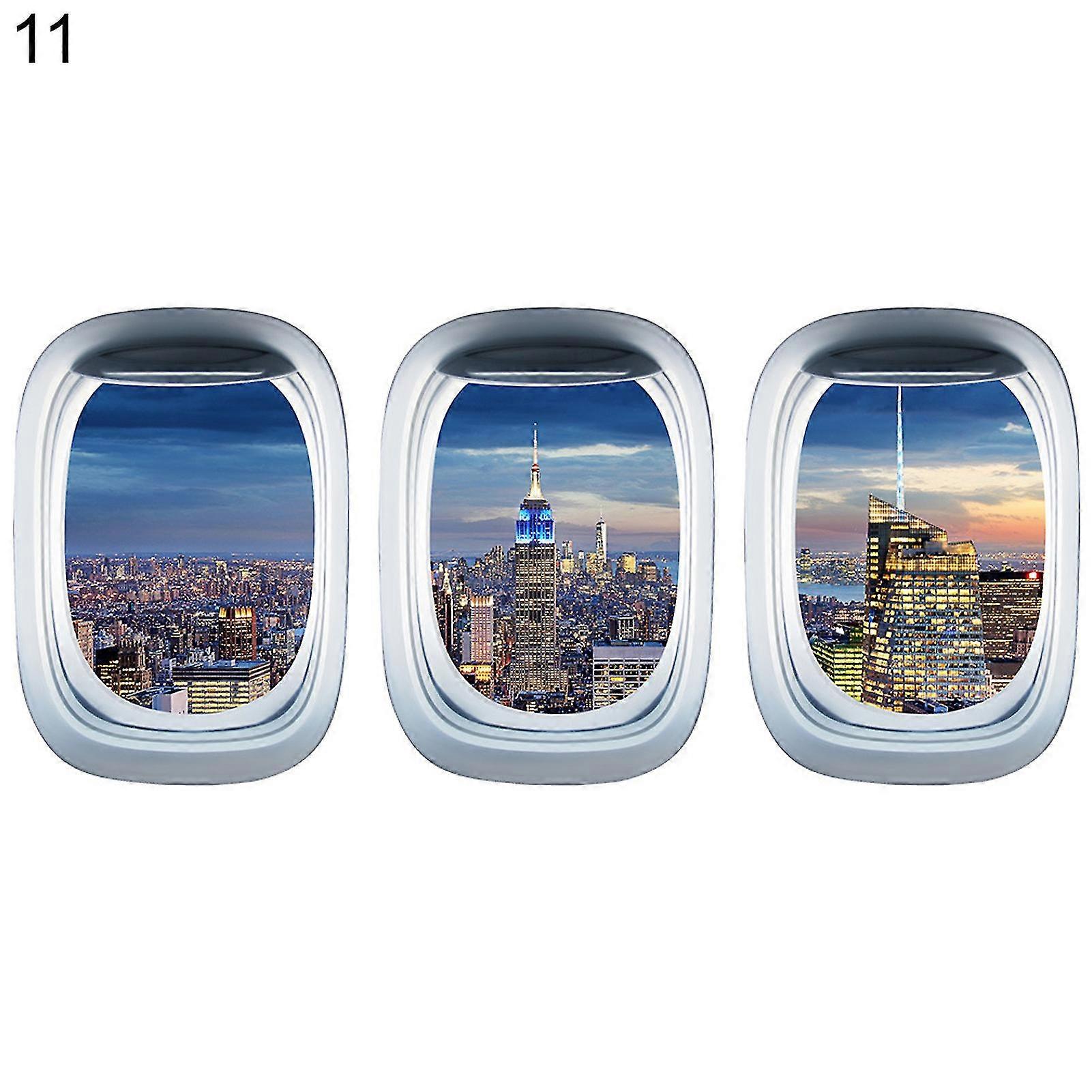 3Pcs/Set Airplane Window Decal Three-dimensional Self Adhesive Window View Landscape Wall Decor Airplane Wall Stickers for Home